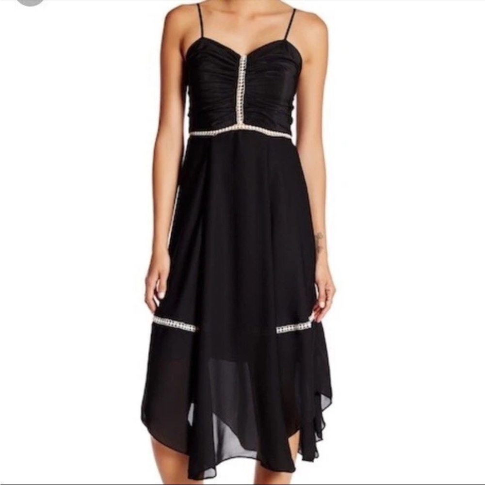 Parker Black Eyelet Trim Ruched Asymmetrical Midi Dress Size M Cocktail Party
